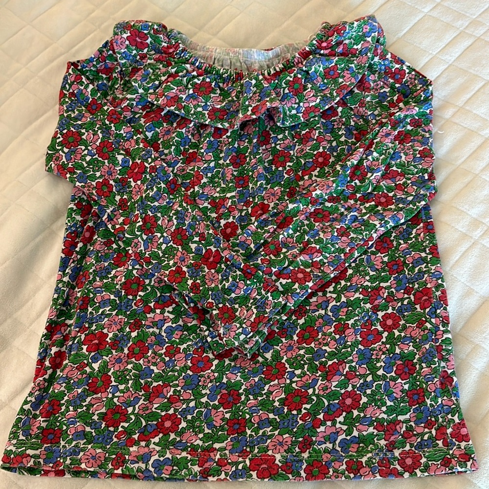 Mini Boden NEW Ruffle Neck Jersey Top Long Sleeve 5-6.  Blue & Red, Pink